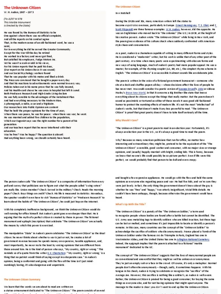 😂 Summary of the poem the unknown citizen. The Unknown