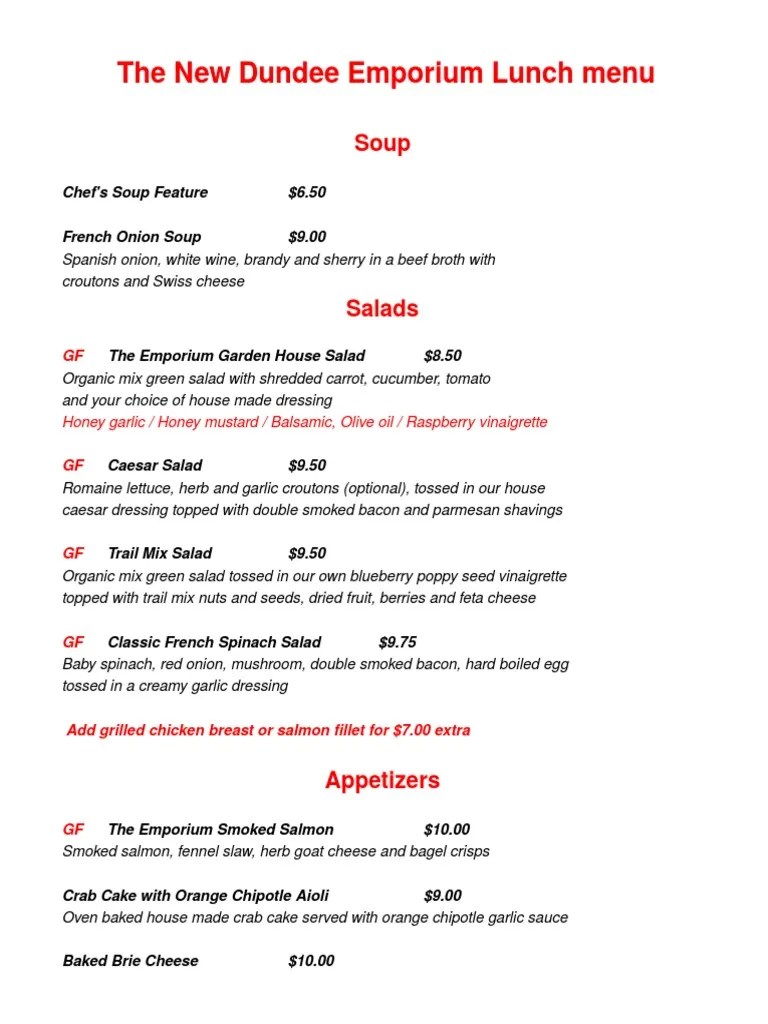 The New Dundee Emporium Lunch menu Chef's Soup Feature 6.50 French