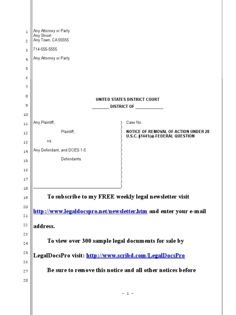 Sample Notice of Removal To Federal Court PDF Complaint