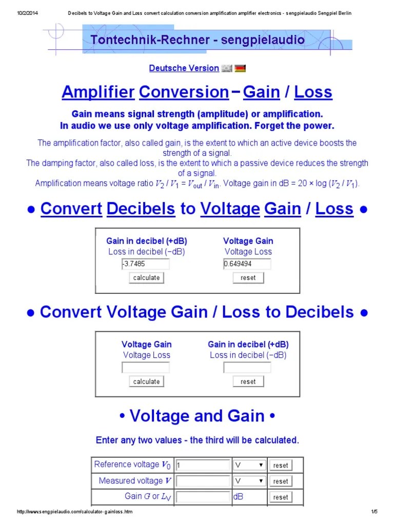 Decibels to Voltage Gain and Loss Convert Calculation