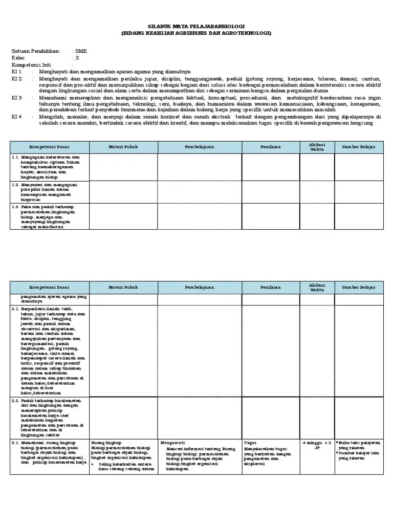 Silabus Biologi Smk Agritek Kelas x