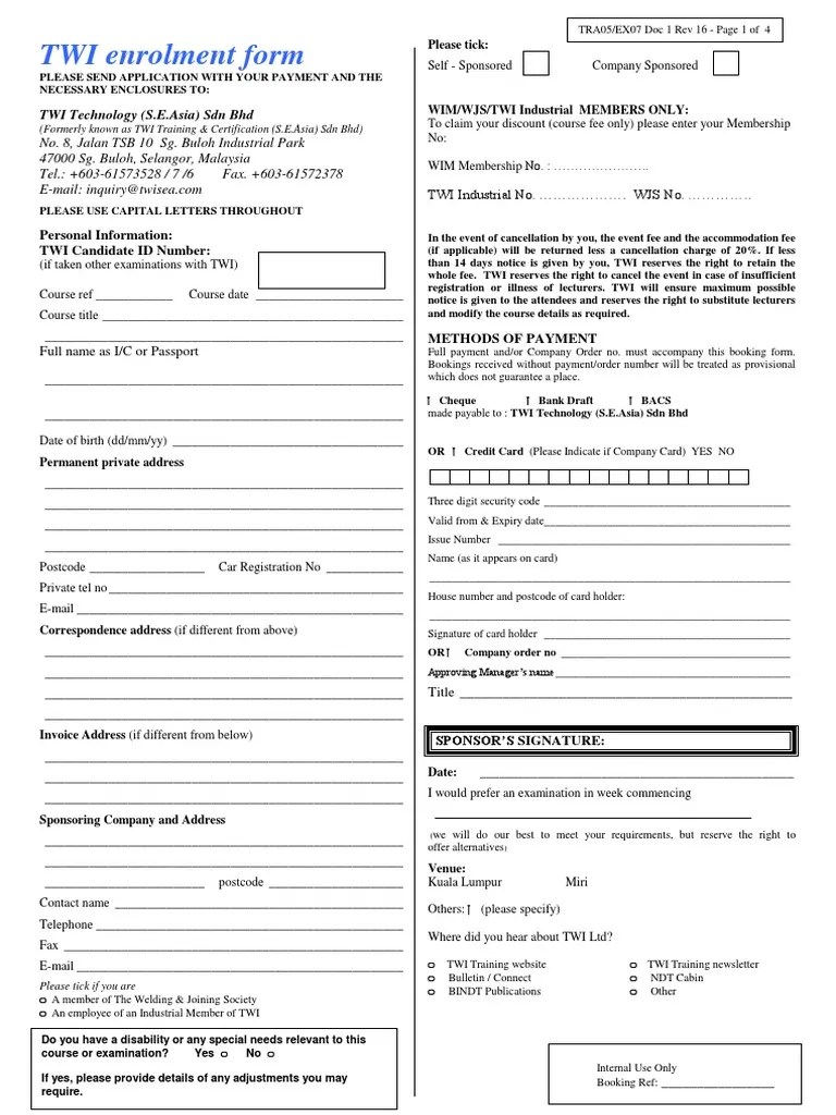 Enrolment Form Sea TWI CSWIP PROGRAM Inspector Test