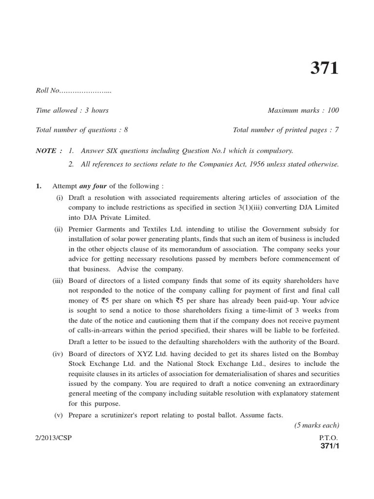 CSP exam paper 2013 Board Of Directors Dividend