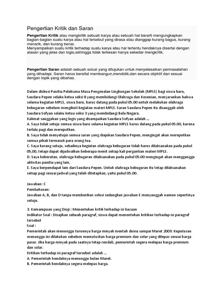 Pengertian Kritik Dan Saran | PDF