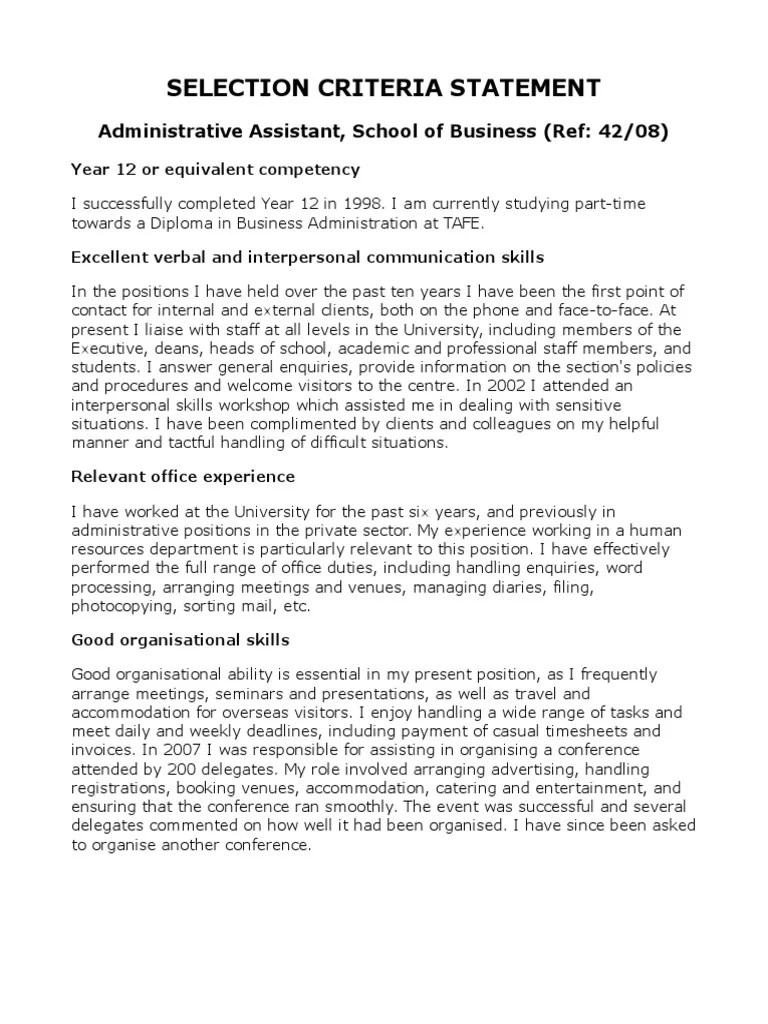 Selection Criteria Statement Computing Computers