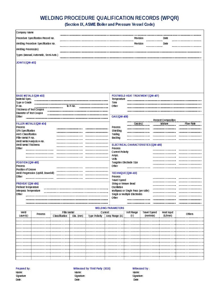 Welding Procedure Qualification Records (Wpqr) (Section IX, ASME