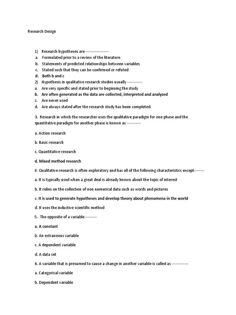 MCQ Research Design Type I And Type Ii Errors Hypothesis