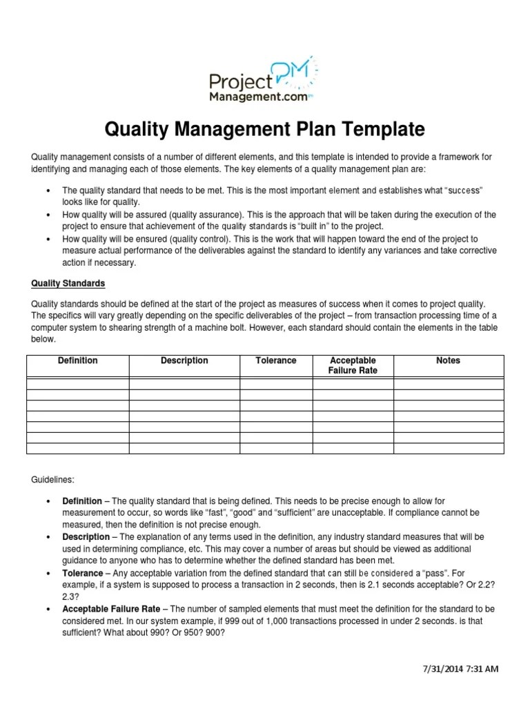 Quality Management Plan Template Quality Assurance Quality (Business)