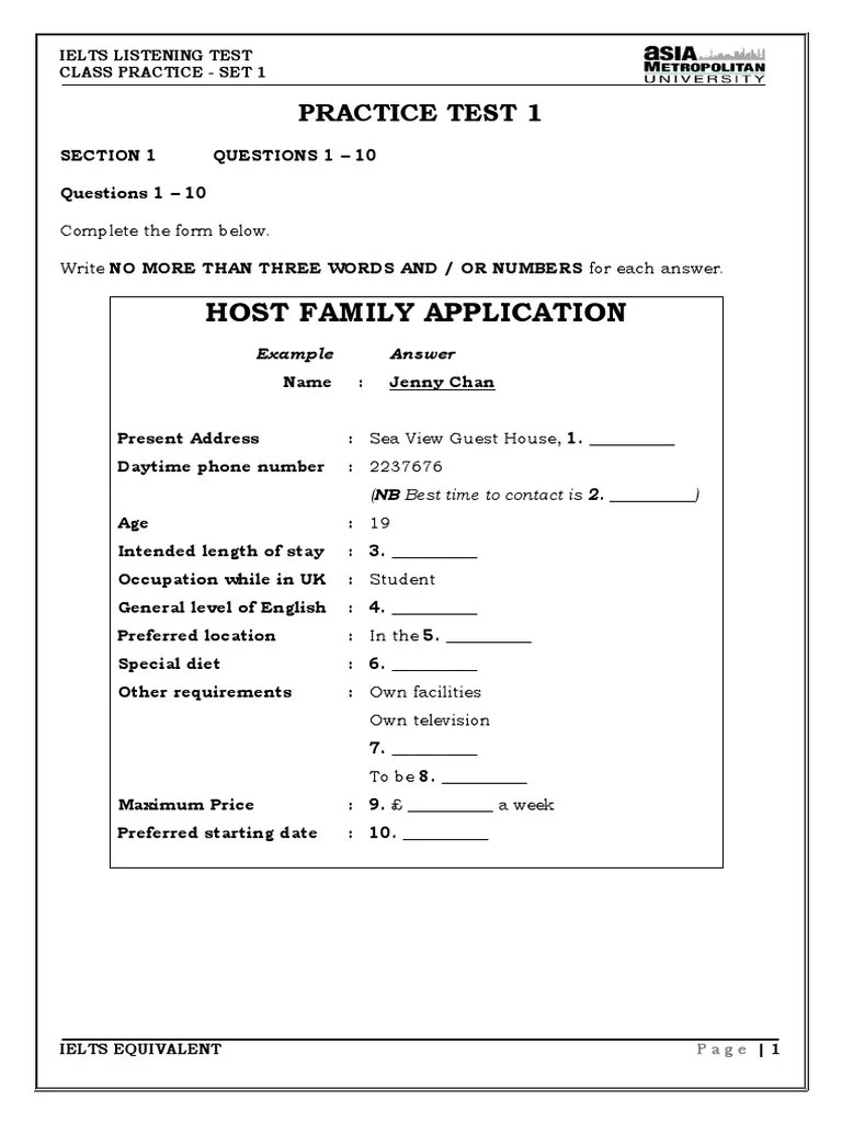 Host Family Application: Practice Test 1 | PDF | International English