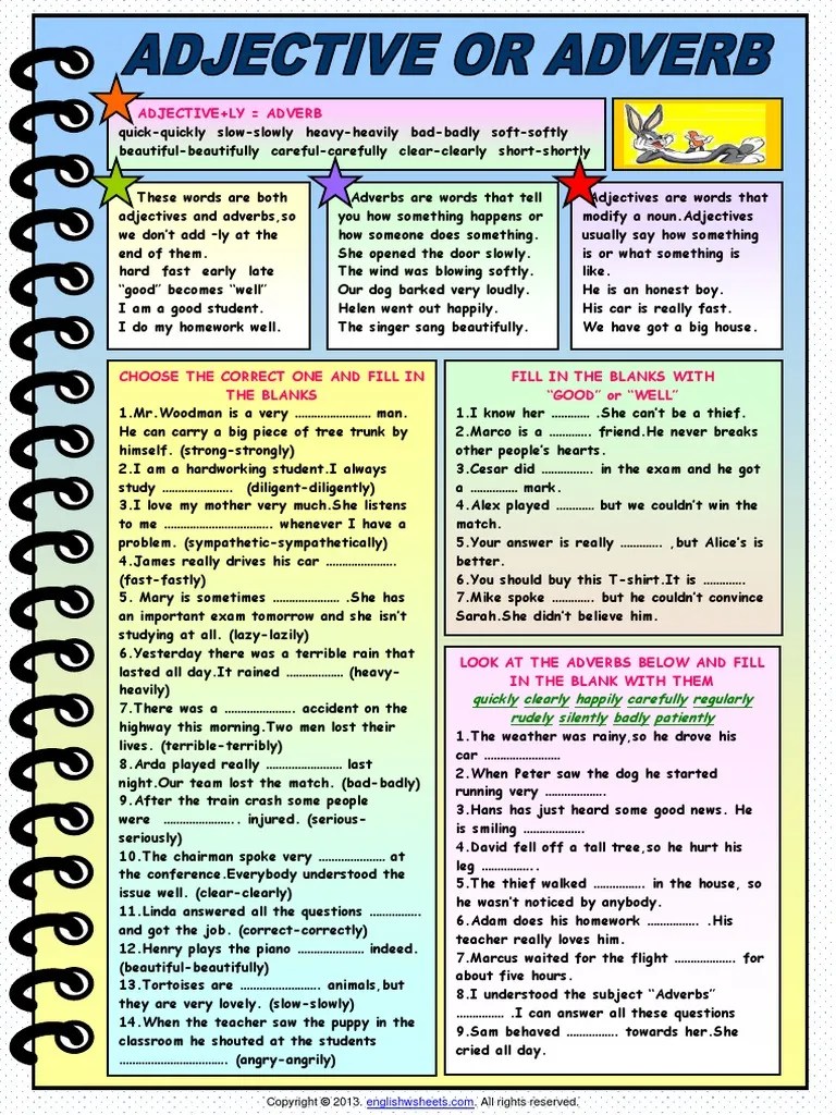 Adjective or Adverb Worksheet With Grammar Explanation Adverb Adjective