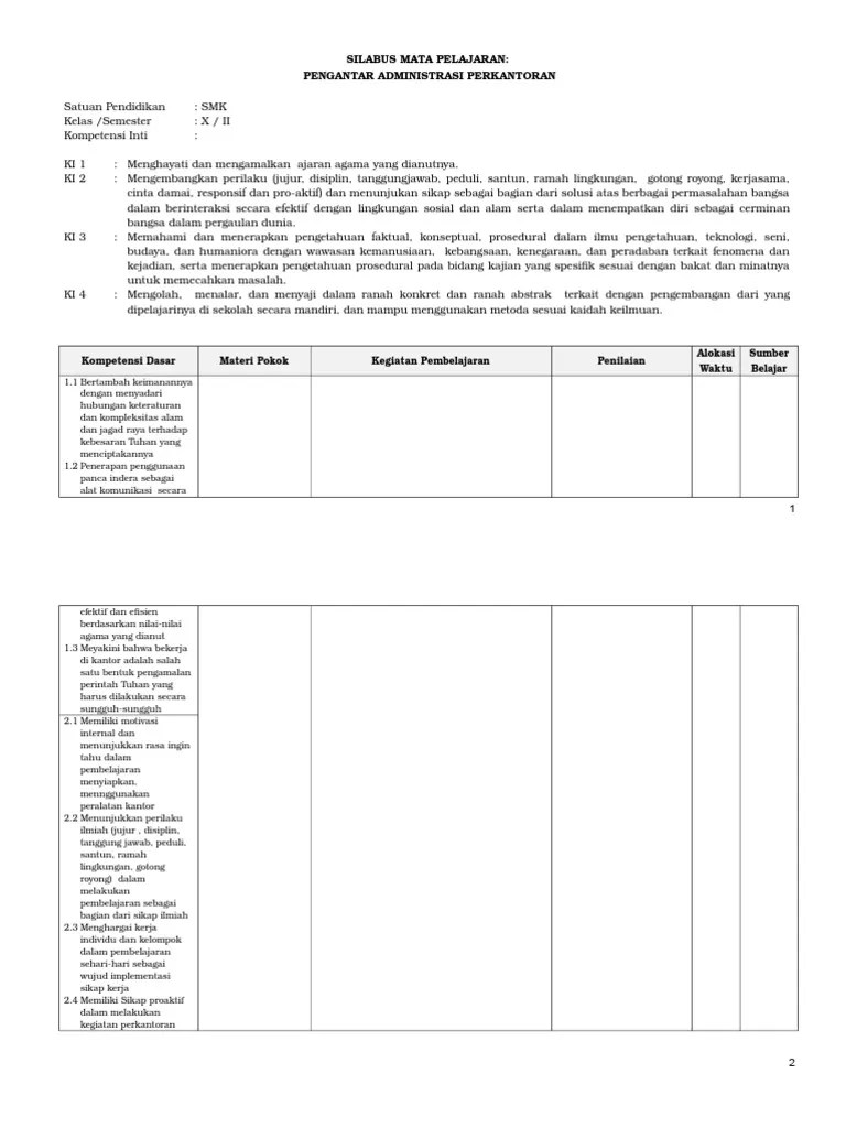 10. Silabus Pengantar Administrasi Perkantoran Apk Kls x Smt 2