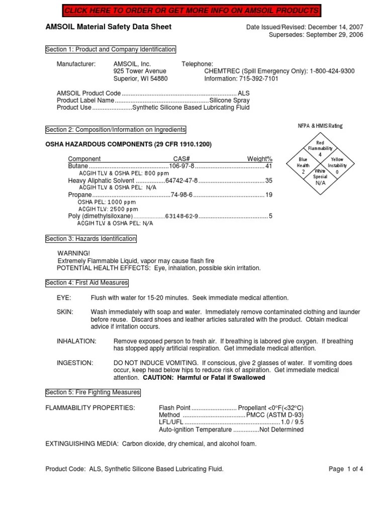 AMSOIL Material Safety Data Sheet Osha Hazardous Components (29 CFR