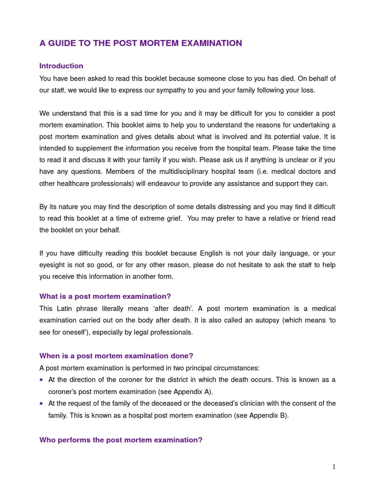 A Guide to the Post Mortem Examination Autopsy Coroner