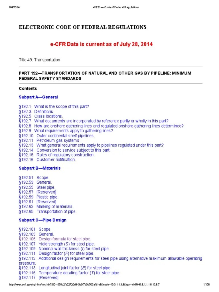 49 Code of Federal Regulations 192 Pipeline Transport Pipe (Fluid