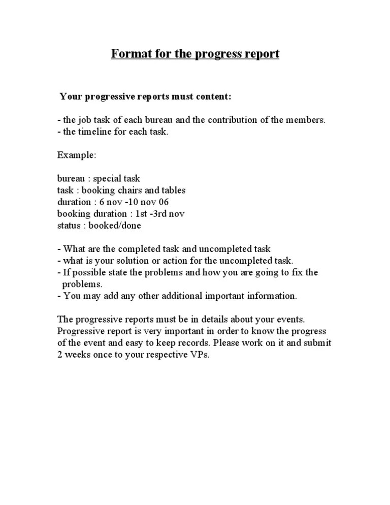 Format for the progress report
