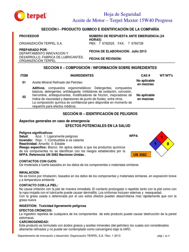 Hoja de Seguridad Aceite Lubricante Petróleo Lubricante