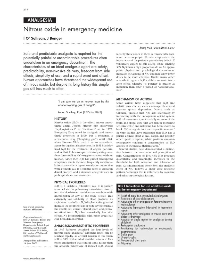 Nitrous Oxide in Emergency Medicine PDF Hypoxia (Medical) Anesthesia