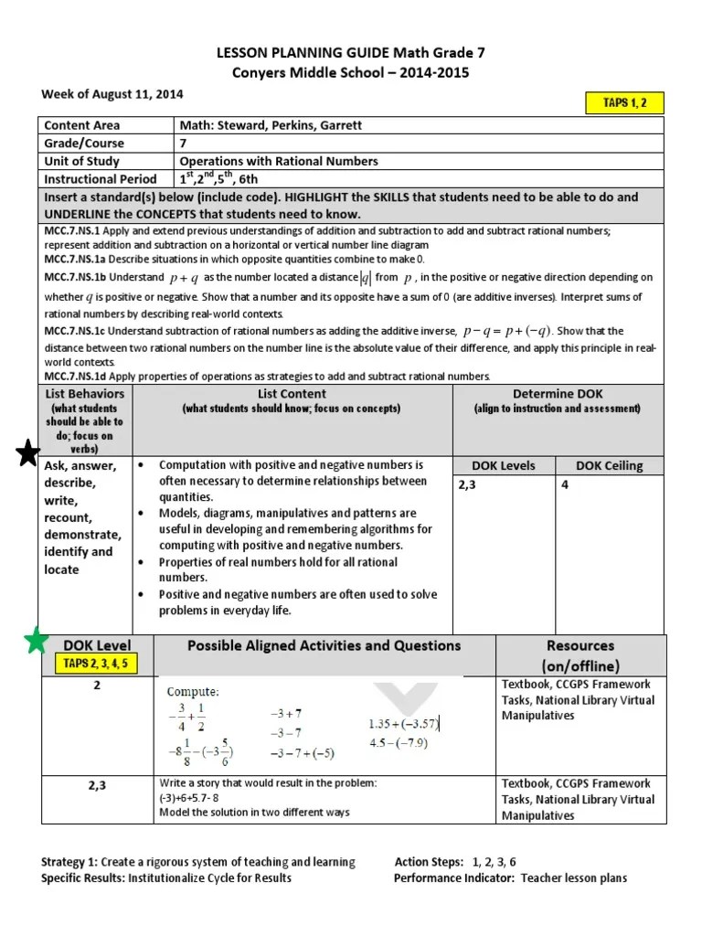 7th Grade Math Team Lesson Plan Aug 11 - 18 2014 | Lesson Plan