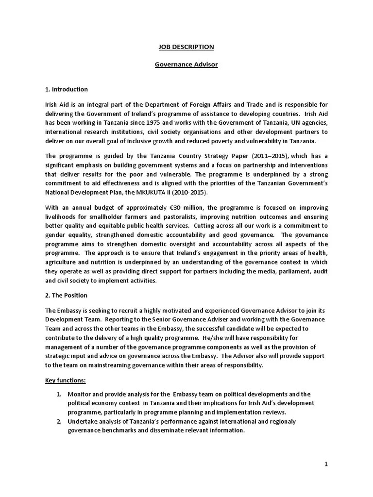 Job Description Governance Advisor PDF Governance Aids
