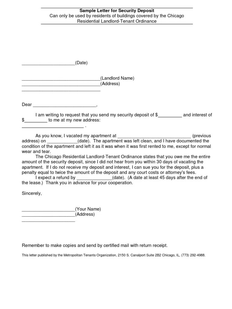 Sample Letter for Security Deposit