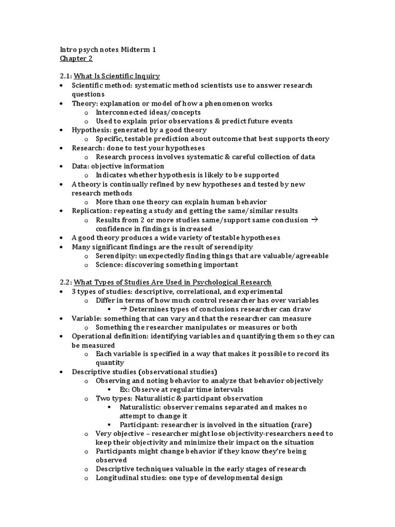 Intro Psych Notes Midterm 1 Chapter 2 Experiment Correlation And