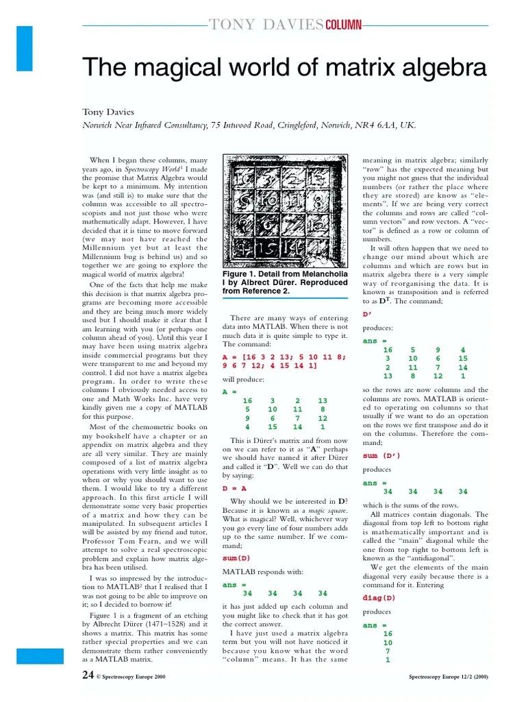 The Magical World of Matrix Algebra Tony Davies PDF Matrix