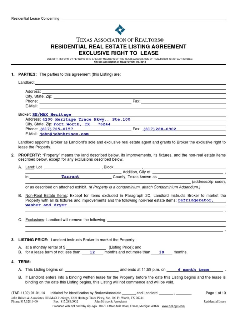 Residential Real Estate Listing Agreement Exclusive Right To Lease
