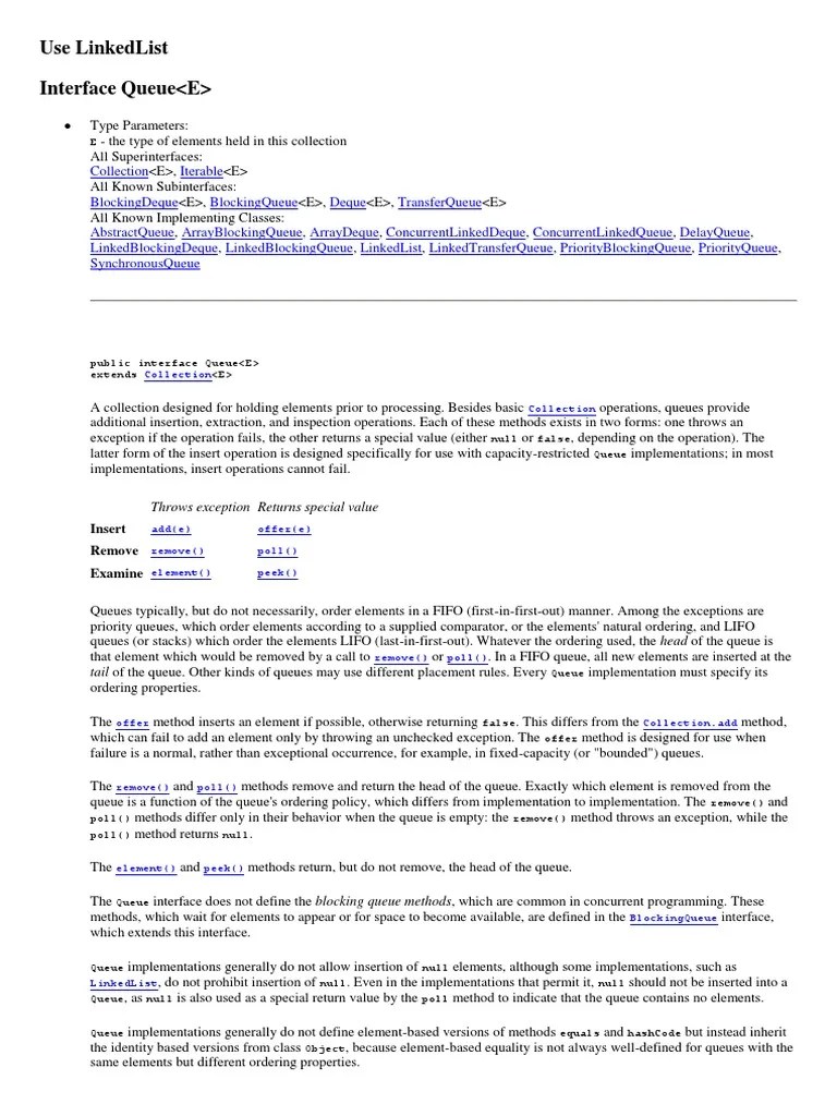 Use Linkedlist Interface Queue Throws Exception Returns Special Value PDF Queue (Abstract