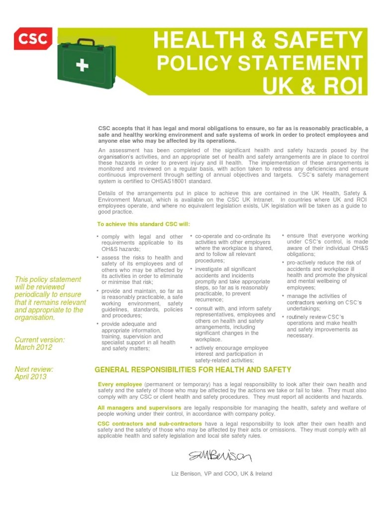 HSE Policy Occupational Safety And Health Safety