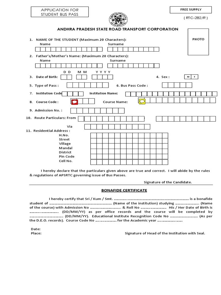 APSRTC Bus Pass Application Form Identity Document Government And
