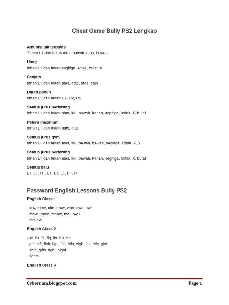Cheat Game Bully PS2 Lengkap | PDF