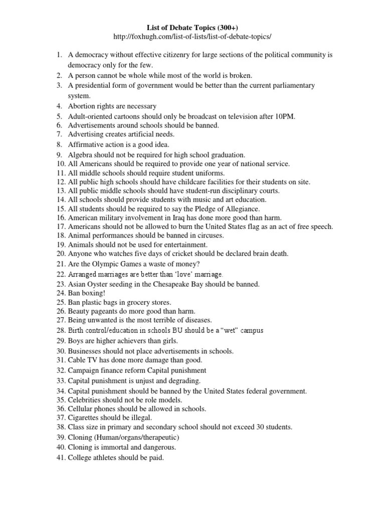 List of Debate Topics (300+) PDF United States Constitution The
