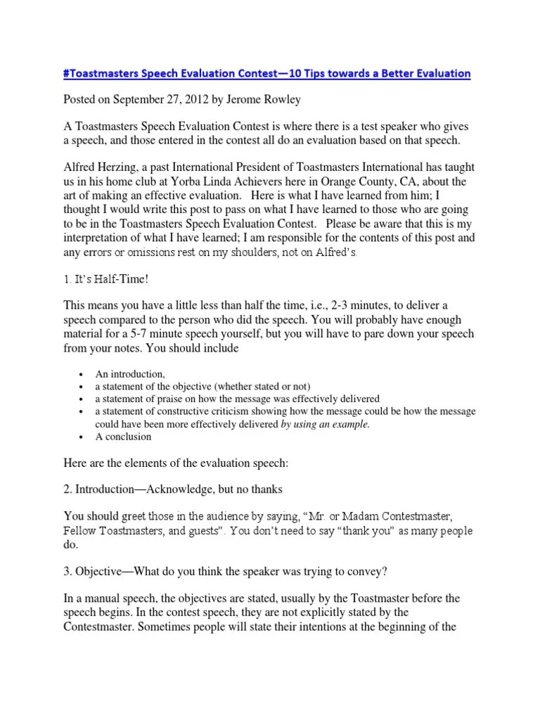Toastmasters Speech Evaluation Contest Evaluation Cognitive Science