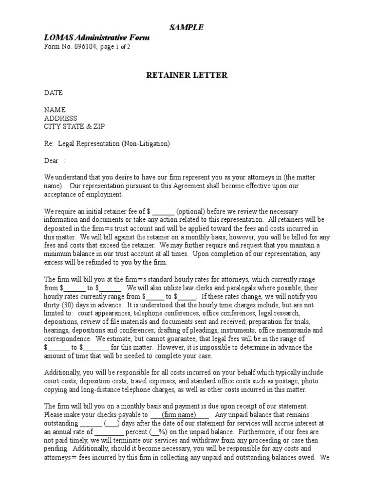 Attorney Retainer Letter Florida 096104 | PDF | Lawyer | Fee