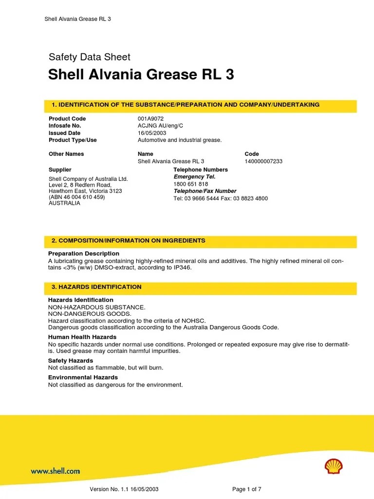 Shell Alvania Grease RL 3 PDF Dangerous Goods Toxicity