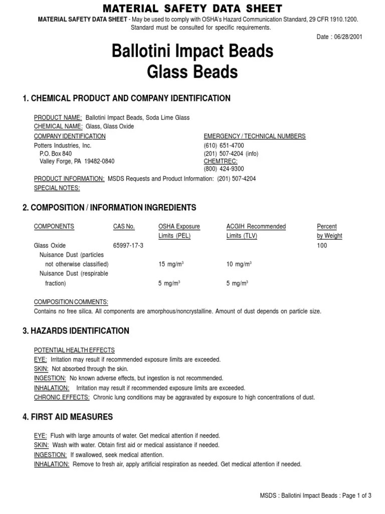 Ballotini Glass Bead MSDS PDF Safety Chemistry