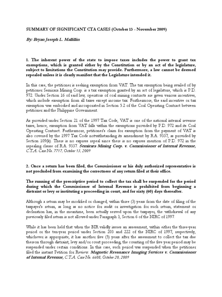 Summary of Significant CTA Cases (October 13 November 2009) Value