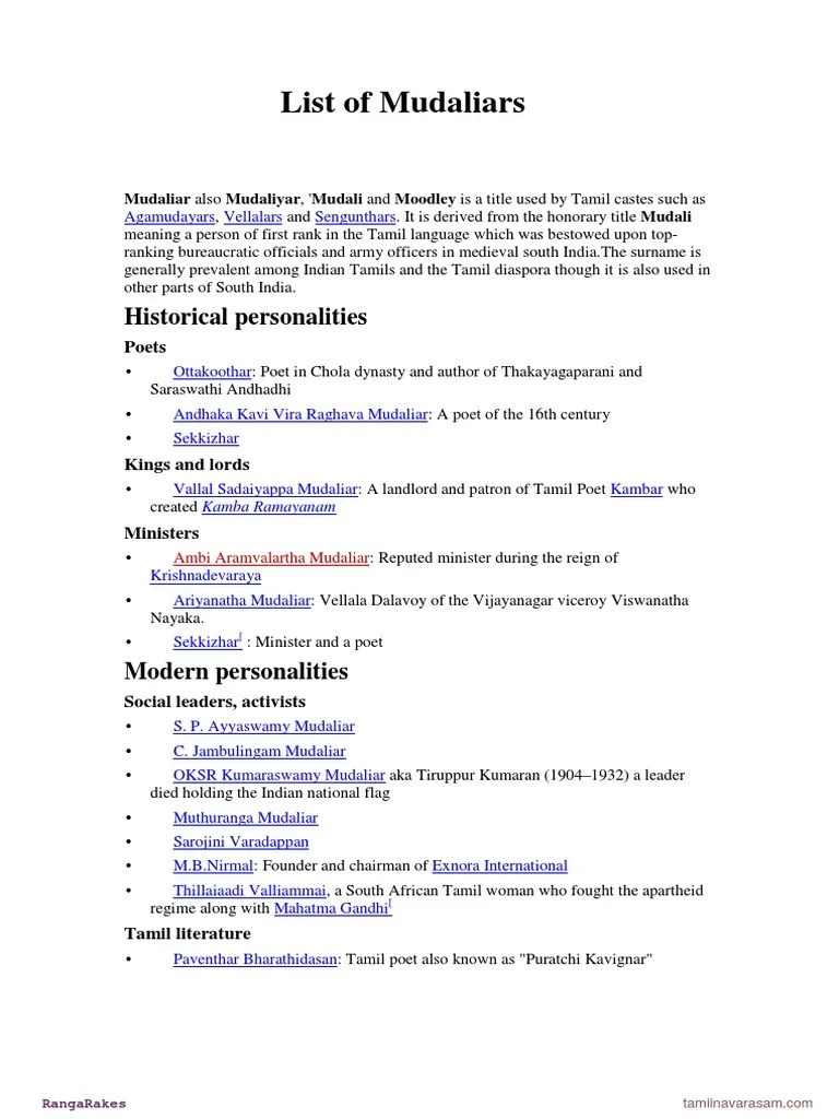 Mudaliar Tamiles Tamil Nadu