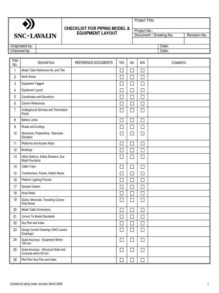 Checklist for Piping Model and Equipment Layout