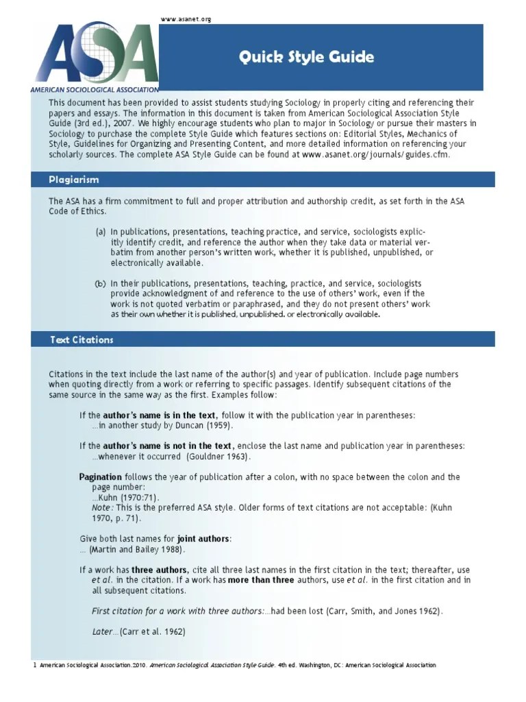 A Quick Guide to the American Sociological Association Style PDF