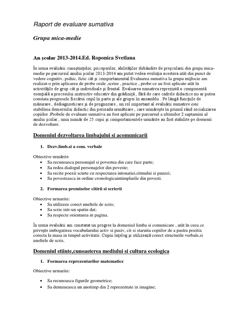 Raport de evaluare finală grupa mica evaluare grădiniță matematică. Raport De Evaluare Sumativa
