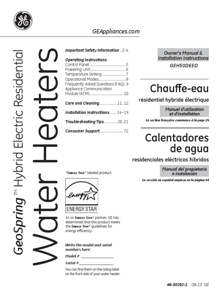 GeoSpring Water Heater Manual PDF Water Heating Hvac