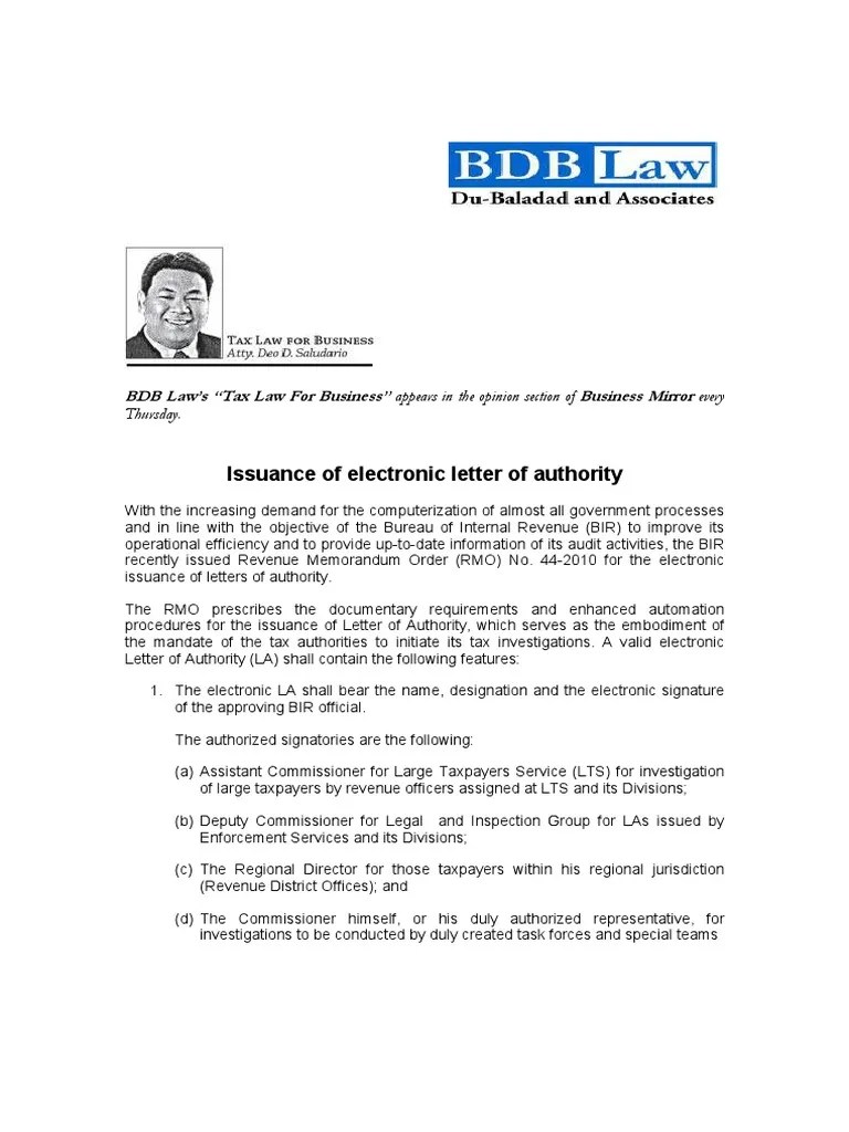 Issuance of Electronic Letter of Authority Taxes Public Sphere