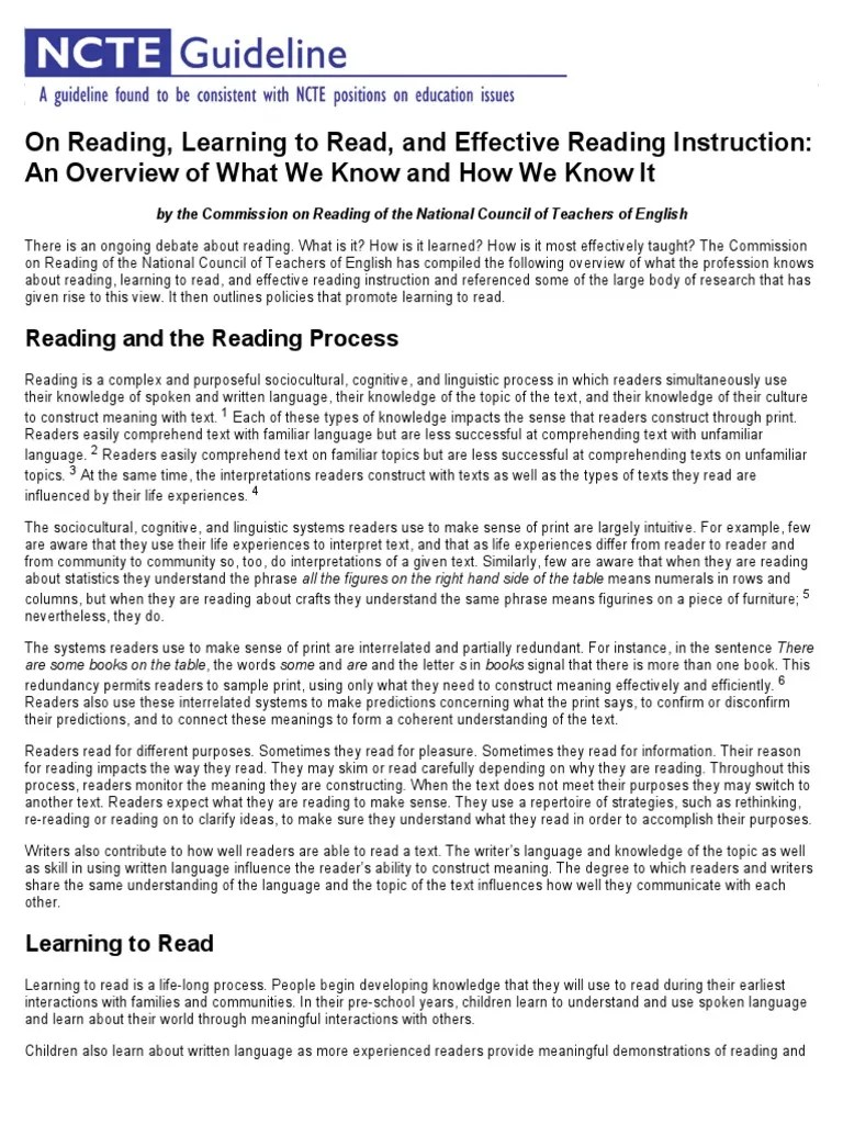 On Reading Learning To Read and Effective Reading Instruction An