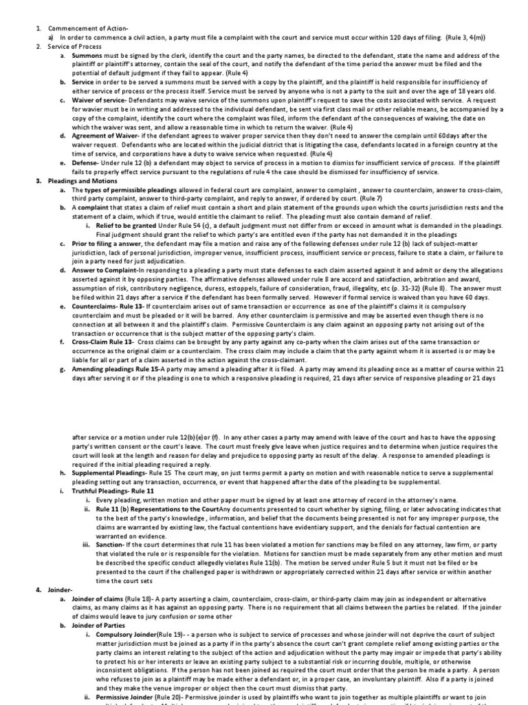 Civil Procedure Rule Summaries Service Of Process Pleading