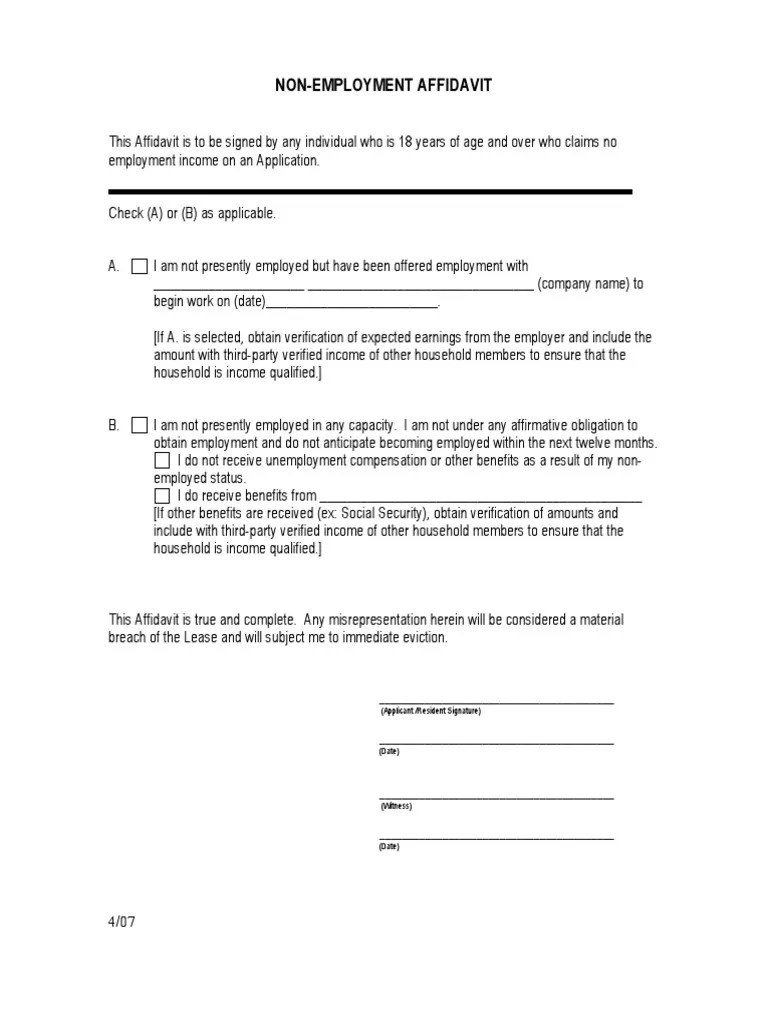 Non Employment Affidavit