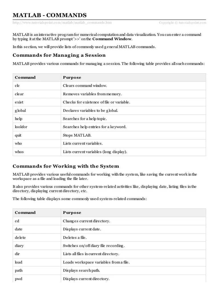 Matlab Commands PDF