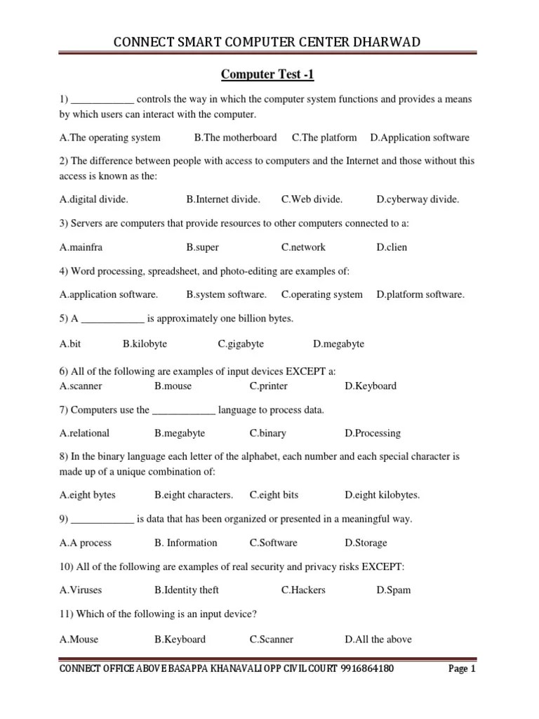 Computer Question Paper Basic PDF Computer File