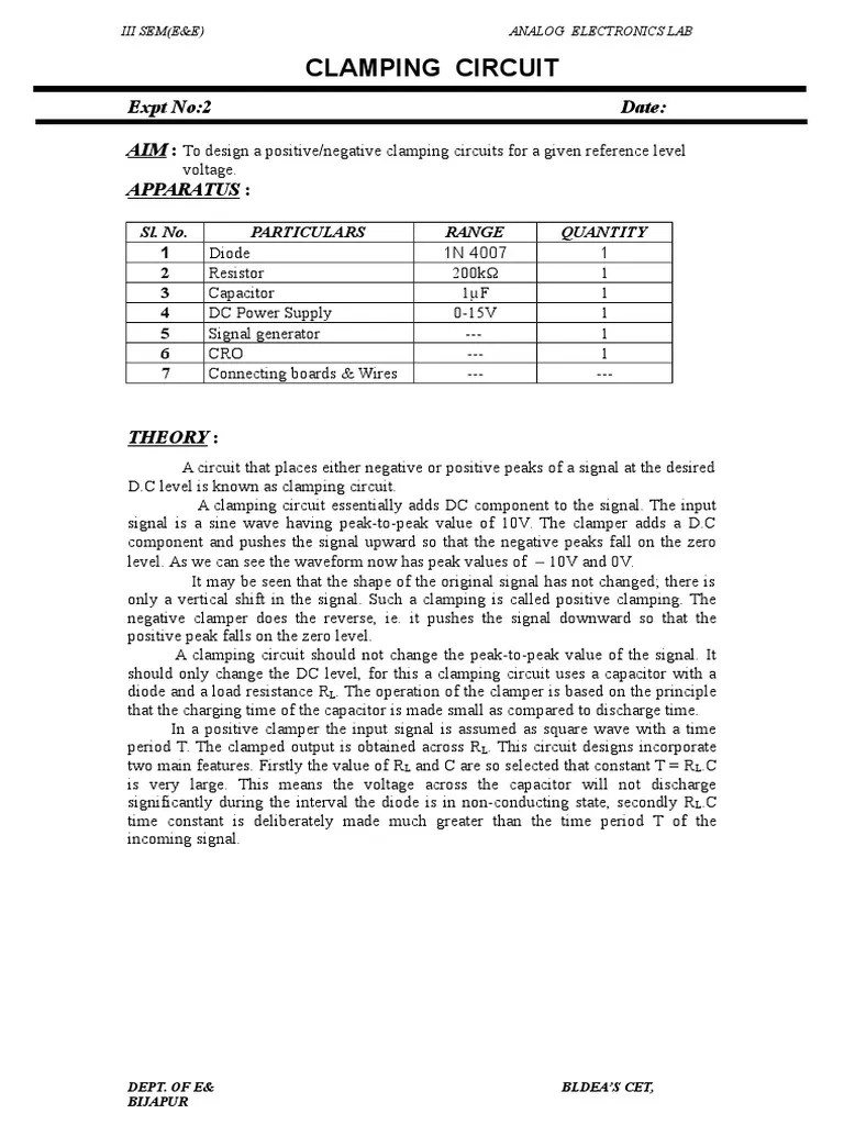 Clamping Circuit Expt No2 Date Aim Apparatus PDF Electricity