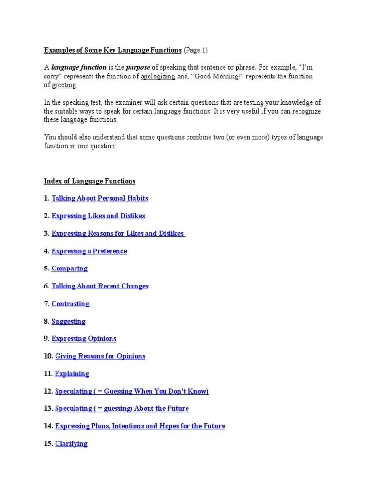 Examples of Some Key Language Functions Vocabulary Teachers